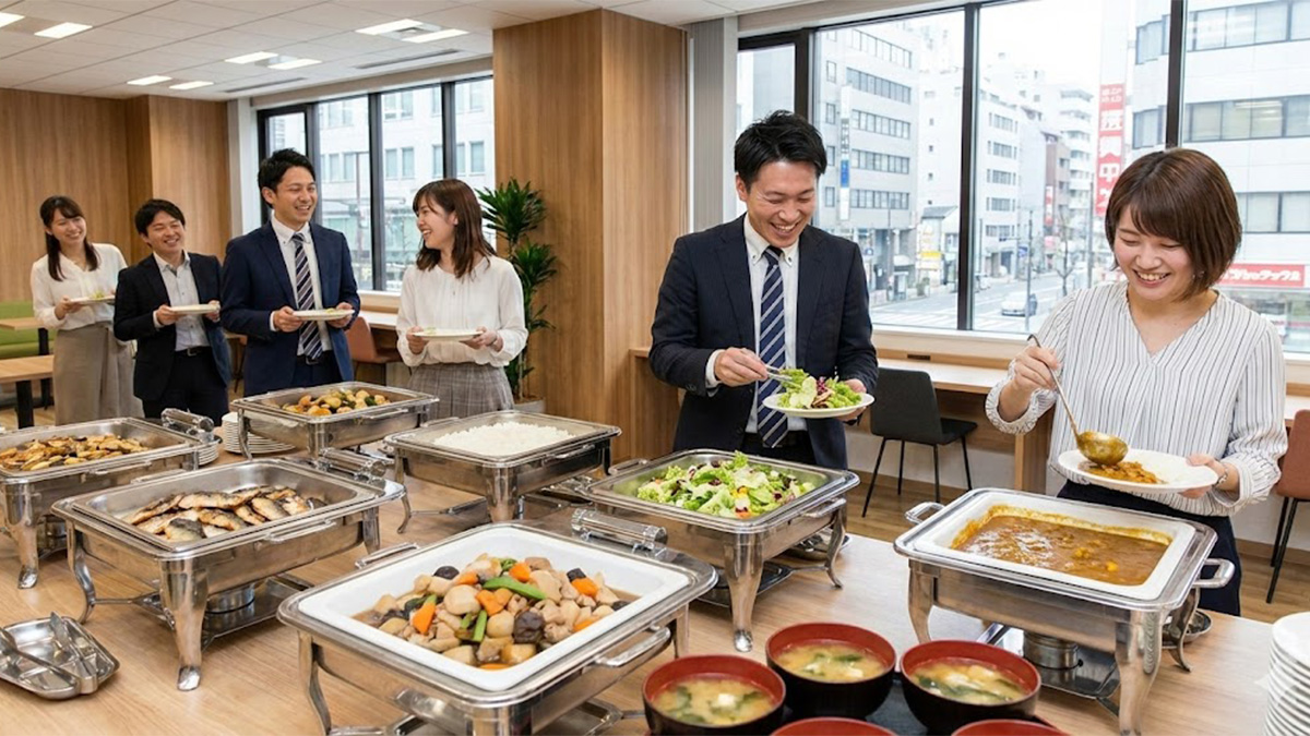 社員食堂でおかずをよそっている従業員たち